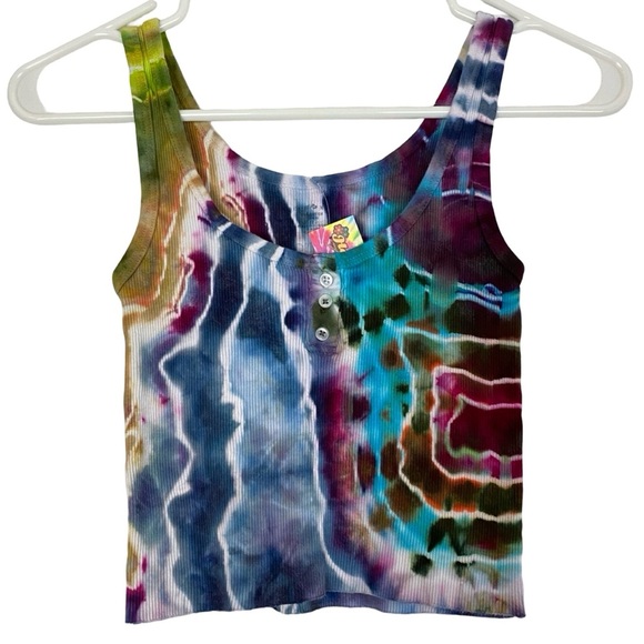 Handmade Geode Tie Dye Ribbed Tank Top Crop Womens Size Small Colorful Upcycled - Picture 1 of 9